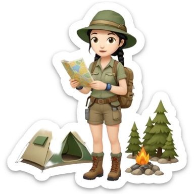 A braid black hair backpacking woman checking her map with curious eyes while walking wear camping hat and dirt covered boots full body sticker
