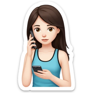 girl with long dark brown hair and pale wearing a tank top, on her phone sticker