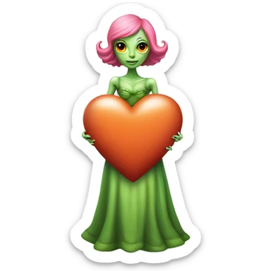 a green alien woman in Victorian orange dress, pink hair,holdig, red big hearth, full body sticker