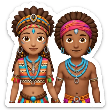 A happy tribal man holding hands with a happy tribal woman wearing a lock sticker