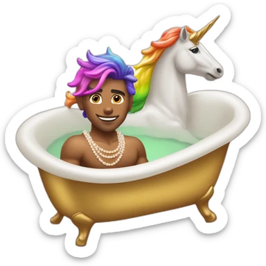 posh-muscle-boy-with-pearl-necklace-and-rainbow-unicorn-hair-in-golden-bathtub sticker