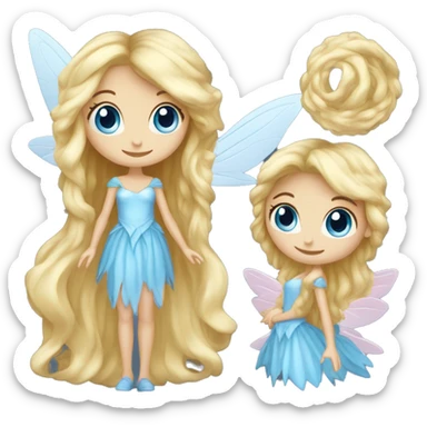 Create a blonde haired fairy with blue eyes and a pink dress. White wings. The fairy has long, curly hair with a lot of volume sticker