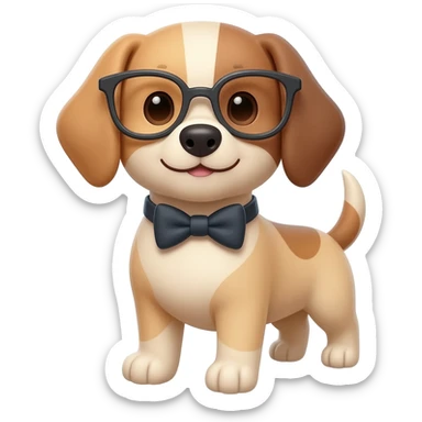 A dog wearing glasses and a bowtie sticker