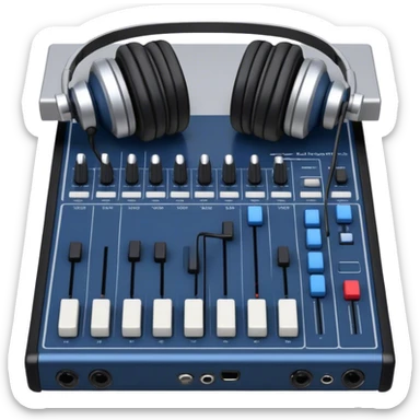 Create a professional and technical emoji that represents sound engineering. The design should feature a sound mixing console with faders, a pair of studio headphones, and audio waveforms to symbolize the precision and technicality of sound mixing and mastering. Include elements like a microphone or audio cables to reflect the recording aspect. Use colors like silver, black, and dark blue to represent the technical, yet artistic side of sound engineering. The background should be transparent. sticker