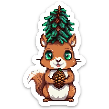 A greedy squirrel with a large pine cone balanced on its head, with a weird facial expression and wide eyes sticker