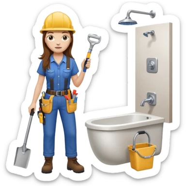 beautiful girl with long brown hair constructing new bathroom area with new shower and amenities  sticker