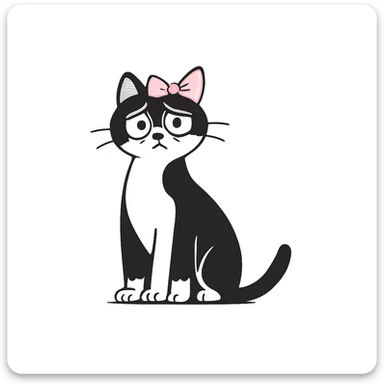 Add a light pink bow to the cat with bags under its eyes, keeping the original style of the image. sticker