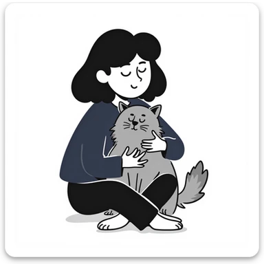 Brunette girl with dark blue sweatshirt snuggling a fluffy grey Siberian cat sticker