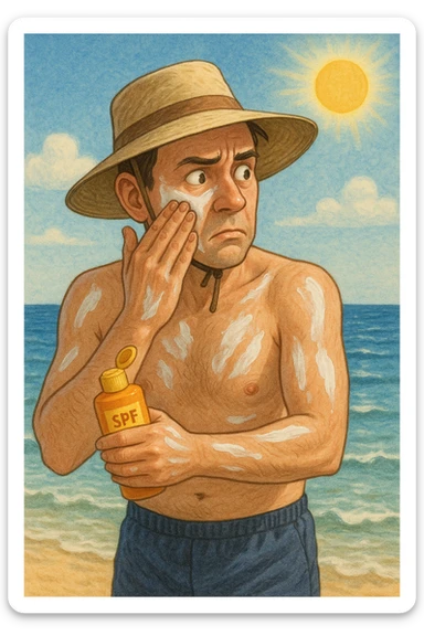 uomo a mare che si mette la crema solare perchè ha paura del sole sticker
