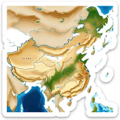 Cinematic-realistic outline of china, featuring its distinct landmass with accurately defined coastlines. The deep blue ocean surrounds the golden-brown continent, with subtle topographic shading to highlight its terrain. A soft glowing effect enhances the edges, making the shape stand out against a neutral, textured background. sticker