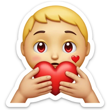 > "A round yellow emoji face with big, shiny, teary eyes, holding a red broken heart close to its chest with both hands, showing a caring and comforting expression, 2D digital art, soft shading, simple background." sticker