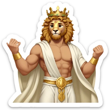 Cinematic Realistic Hercules Portrait, captured in a dramatic lion-wrestling pose that epitomizes raw, heroic strength. His light tan, athletic skin and thick, curly, golden brown hair are showcased as he grapples with a majestic lion, his refined face reminiscent of Michelangelo's David marked by noble determination. Draped in a flowing white robe with understated golden accents and crowned with a classic Greek laurel wreath, dynamic natural lighting accentuates every muscular contour and fierce, commanding expression, embodying the essence of ancient valor. sticker