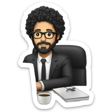 men with black curly hair and beard and golden glasses work hard on computer sticker