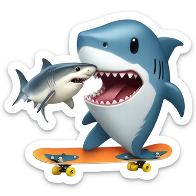 Skateboarding shark holding a fish sticker