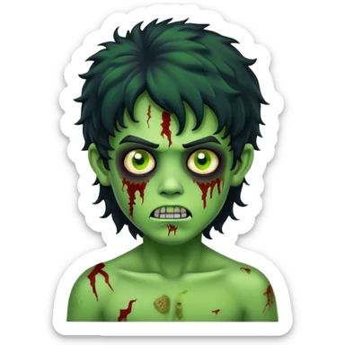boy zombie with black curly hair mullet with green skin sticker