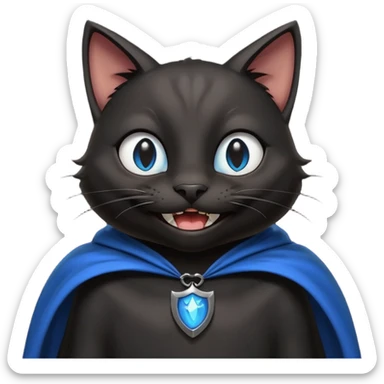 an all black anthropomorphic cat with blue eyes wears an all black cape and is smiling a mischievous sharp tooth grin sticker