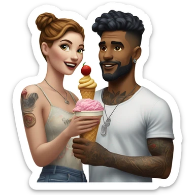 Hyper Realistic beautiful woman in the arms of a very handsome tattooed man sharing ice cream  sticker