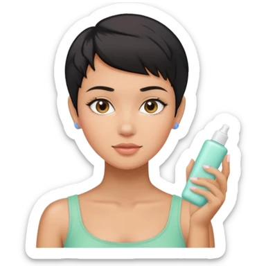 tan girl with black hair & a pixie cut no earrings doing cute pastel colors skin care sticker