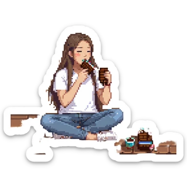 long haired Asian person eating chocolate, wearing white T-shirt and jeans sticker