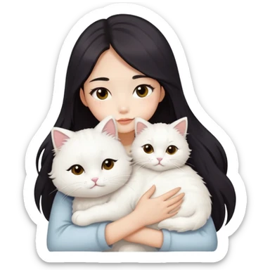 A fair skin tone Asian girl with dark eyes long dark hair with long eyelashes is hugging her white fluffy cat sticker