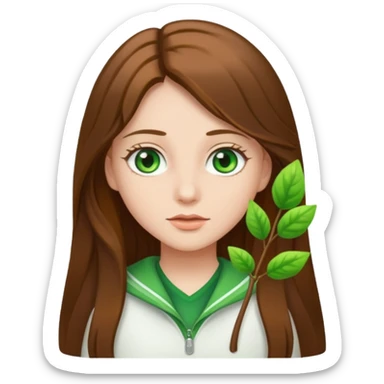 Girl with long brown hair and green eyes and a white ahirt sticker