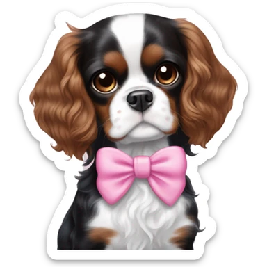 black and white cavalier king charles spaniel with a pink bow held by a white girl with brown curly hair with highlights, blue eyes sticker