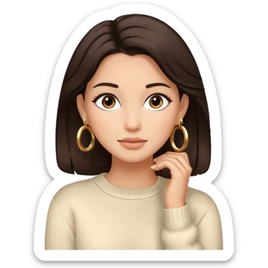 woman with dark brown hair, cozy sweater, hoop earrings, fashionable comfortable sticker