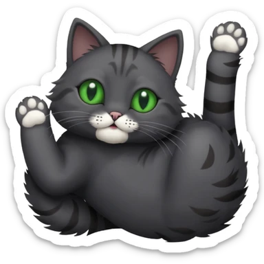 solid dark grey cat with green eyes, completely solid grey face, white toes/paws playing rolling upside down sticker