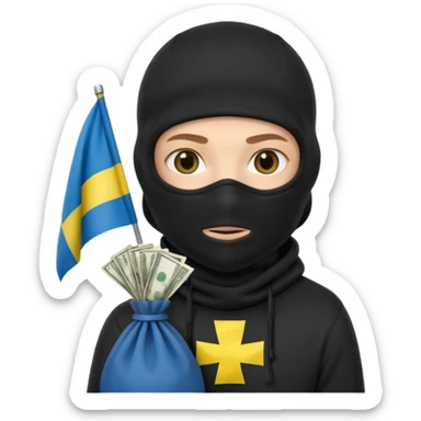 создай украинца в черное одежде и черной балаклаве с большим мешком денег на котором есть флаг страны в руках sticker