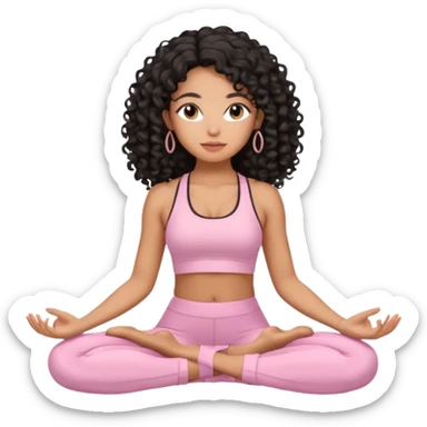 Mixed-race woman with bronzed caramel skin and long black curly hair, wearing pastel pink yoga set, sitting cross-legged in meditation, soft pastel background sticker