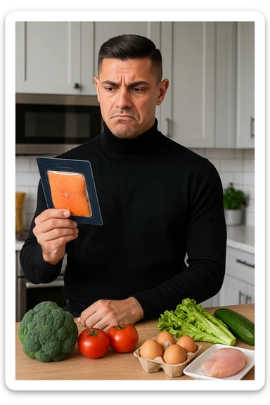 a man stands in his kitchen, holding a package of smoked salmon in one hand. He looks at it with a doubtful, slightly disapproving expression—eyebrows raised and lips pressed together. On the counter behind him, fresh vegetables and healthier protein options are visible, emphasizing his awareness of better choices. The mood is reflective and subtly critical. sticker