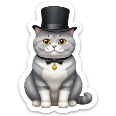 British Shorthair cat full body sitting with a top hat sticker