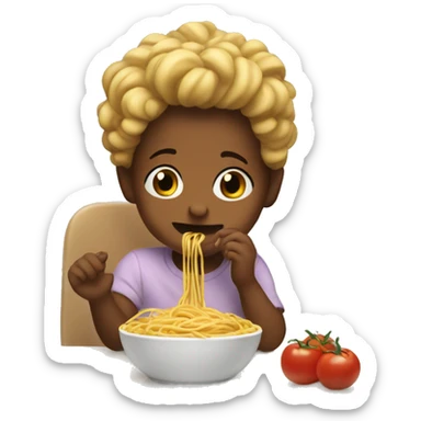 Toddler sitting on counter eating spaghetti  sticker