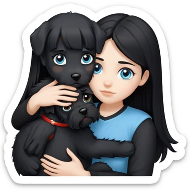 pale girl with light blue eyes and long black hair wearing black shirt hugging black schnauzer  sticker