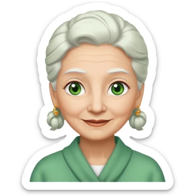 abuela con ojos verdes, pelo blanco, pelo blanco y amarrado, aspecto feliz sticker