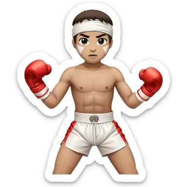​Cinematic Realistic Traditional Muay Thai Fighter, depicted in authentic attire featuring white bandaged gloves wrapped around his fists, a traditional headband tied neatly, and classic Muay Thai shorts, captured in a dynamic fighting stance under dramatic, high-energy lighting that highlights the raw power and elegance of the art, sticker
