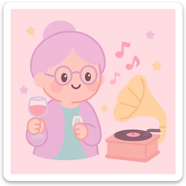old lady with wineglass listening to gramophone sticker