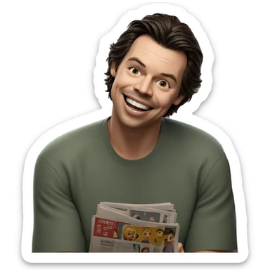 smiling boy with newspaper sticker