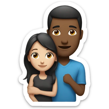 Couple embracing with arms around each other; white woman with blue eyes and brown hair, Indian man with black hair  sticker