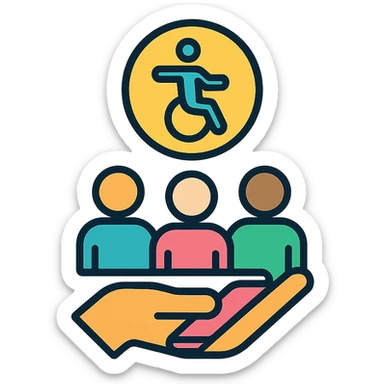 Flat design icon for 'Accessibility / Inclusion' showing a universal access symbol, diverse group of people, or hand holding phone/computer, keeping the style professional yet approachable. sticker