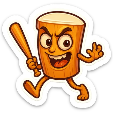 square image of absurd wooden stick-man creature, drum-like cylindrical body, holding baseball bat, cartoon style, bright vivid colors, expressive face, dynamic pose, a bit creepy yet funny,  sticker