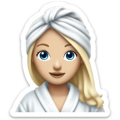 White girl with long blonde hair and blue eyes with a spa towel on her head and a robe on sticker