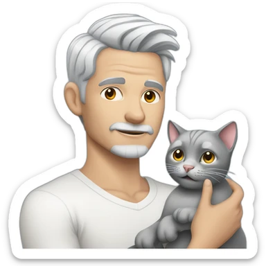 tattooed gray hair man without beard with a white cat in his hand sticker