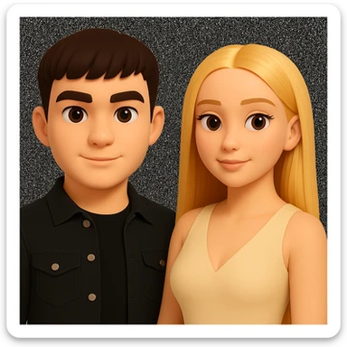 Slightly increase the volume of the upper body of the girl, significantly spread them apart from each other, make the skin color the same for both characters, while preserving the cartoonish 3D style as seen in the reference image. sticker