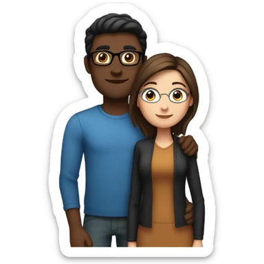 Couple embracing with arms around each other; white woman with blue eyes and brown hair, Indian man with black hair and glasses sticker