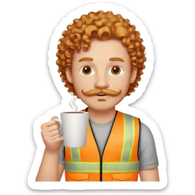 man with strawberry blonde curly hair and a thick mustache holding a coffee cup and wearing a his vis vest sticker