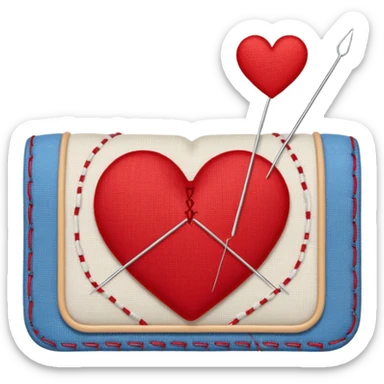 Heart stitched mid-sew, needle still pulling thread sticker