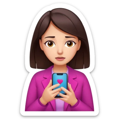 Social media manager. She has dark brown hair, brown eyes, overwhelmed expression, tired eyes, slightly stressed face,a holding a smartphone with notifications piling up. Use vibrant colors with a focus on pink and fuchsia tone sticker