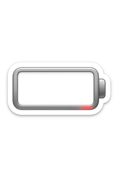 iPhone-style emoji of a battery that is almost empty, with a small red bar at the end indicating low energy. Clean, minimal, glossy look, transparent background. sticker