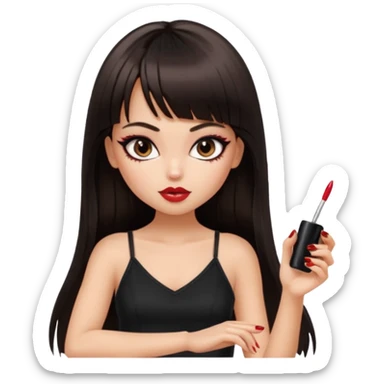 generate a pretty bratz girl in black cami top, dark brown straight long hair with bangs, eyeliner on, getting her nails done sticker